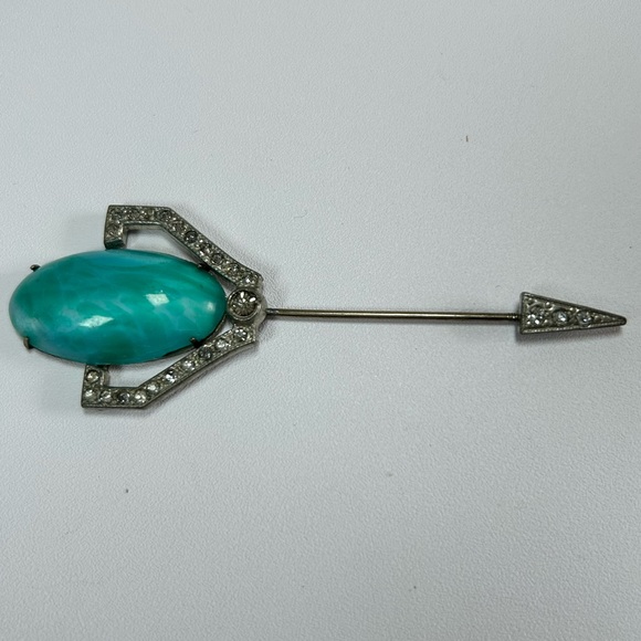 Beautiful Silver Tone Czech Green Peking Glass Art Deco Brooch Pin Paste - Picture 8 of 9
